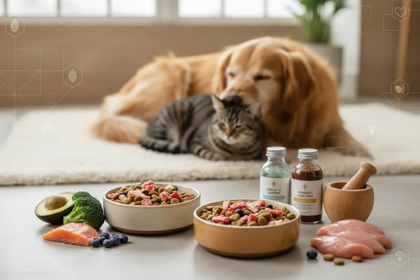 A golden retriever and a cat resting togheter besides bowl of natural pet food, fresh ingredients and wellness supplements, highlighting holizitic pet nutrition and modern pet wellness inovations.