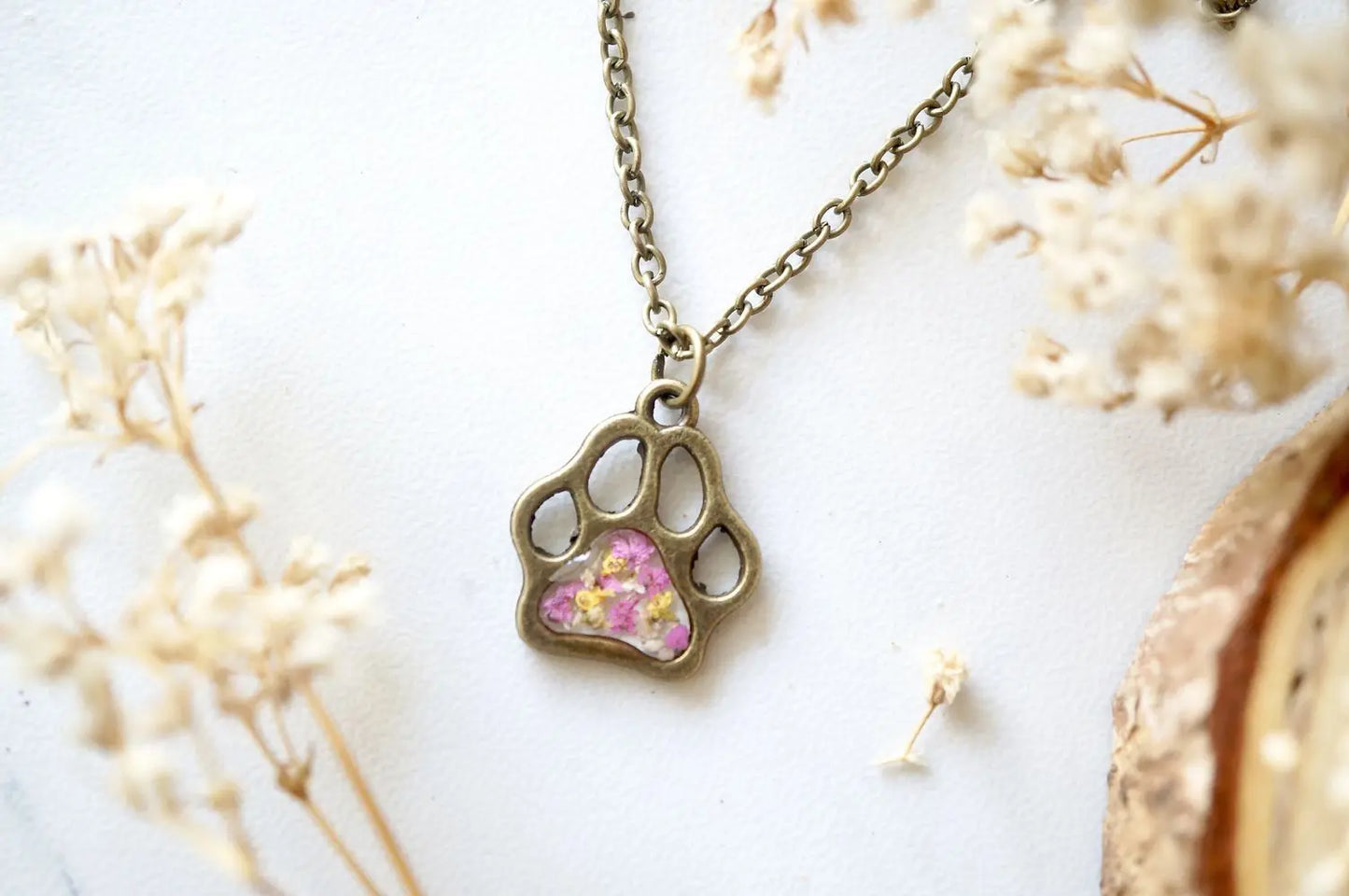 Real Dried Flowers in Resin Necklace, Dog Paw in Pink Yellow White