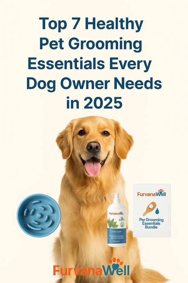Flat digital illustration of dog grooming essentials for 2025, including shampoo, brushes, slow-feeder bowls, and odor-control pads, promoting healthy pet care