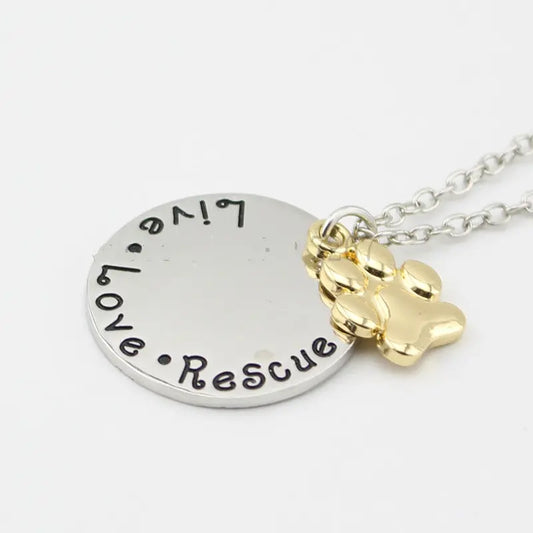 Pet Lover Dog Paw Necklace or Keychain "Live · Love · Rescue"