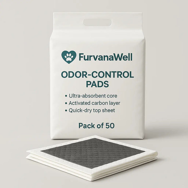 "Super absorbent pet training pads on floor"
"Leak-proof puppy training pads with odor control"
"Stack of white pet training pads for house training"