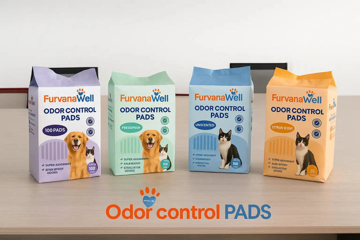 "Super absorbent pet training pads on floor"
"Leak-proof puppy training pads with odor control"
"Stack of white pet training pads for house training"
