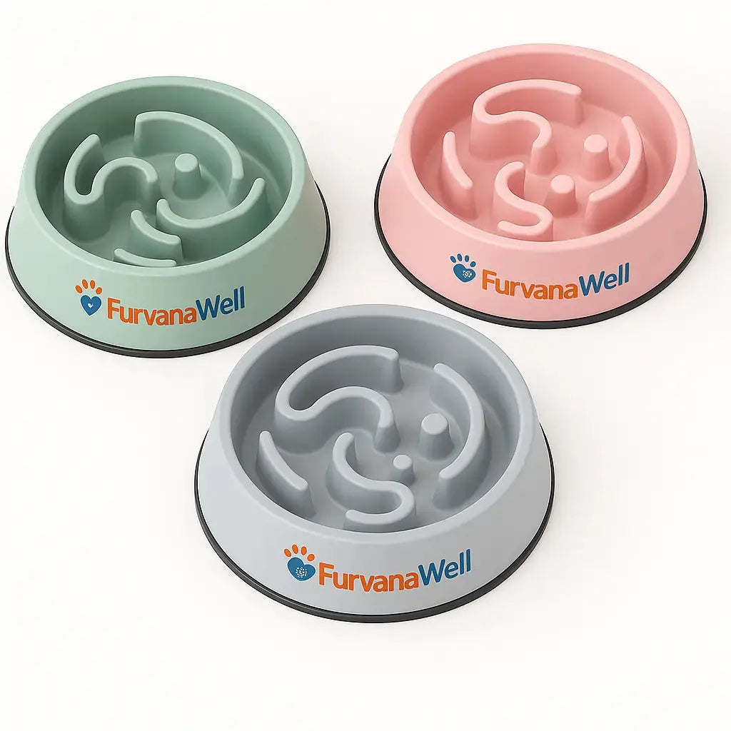 "Dog eating from slow-feeder bowl with raised ridges"
"Non-slip slow-feeder bowl preventing fast eating"
"Durable pet feeding bowl with maze design"