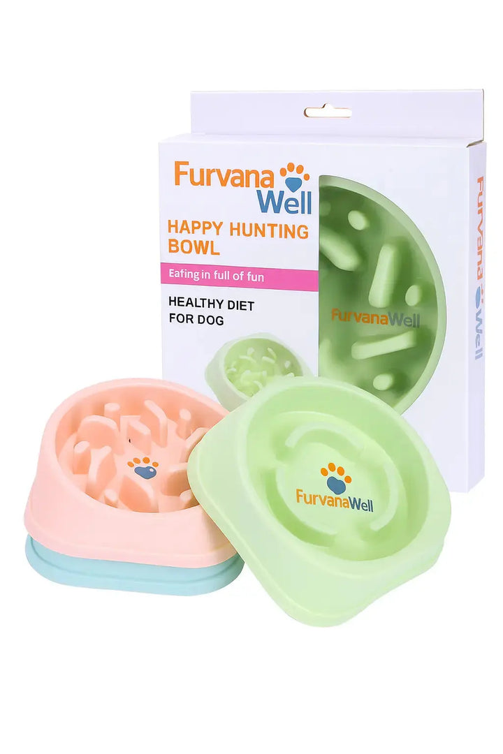 "Dog eating from slow-feeder bowl with raised ridges"
"Non-slip slow-feeder bowl preventing fast eating"
"Durable pet feeding bowl with maze design"