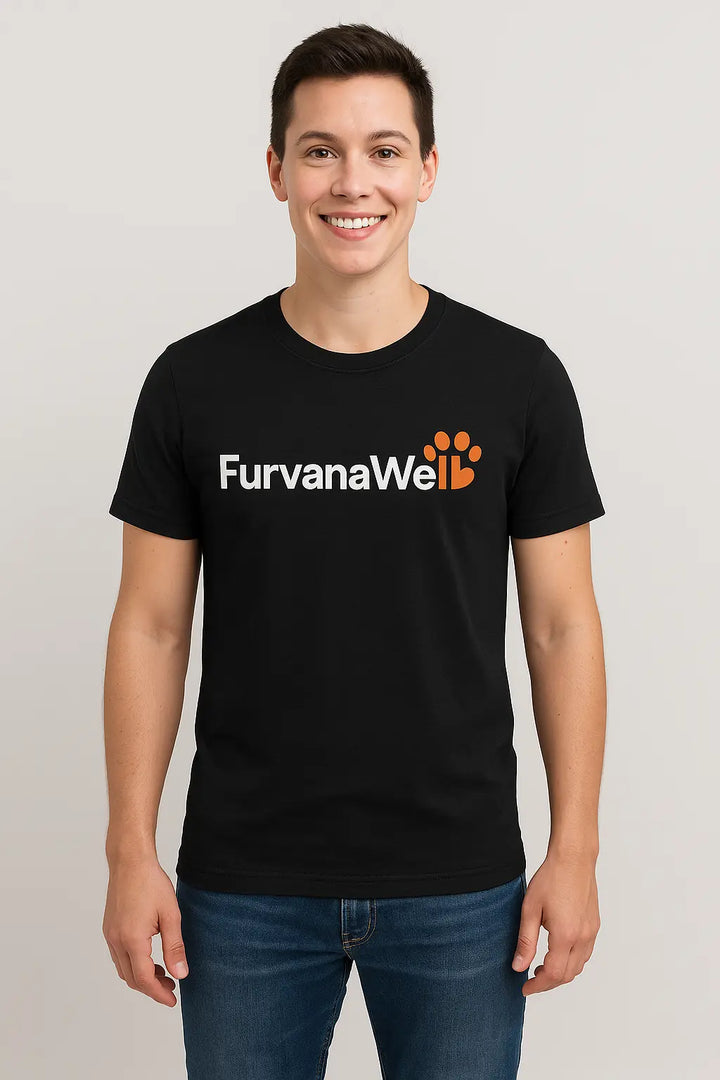 "FurvanaWell classic short sleeve t-shirt in comfortable cotton blend"
"Pet lover t-shirt with FurvanaWell logo front design"
"Casual short sleeve shirt for dog and cat enthusiasts"
"Comfortable pet-themed t-shirt in classic fit style"
