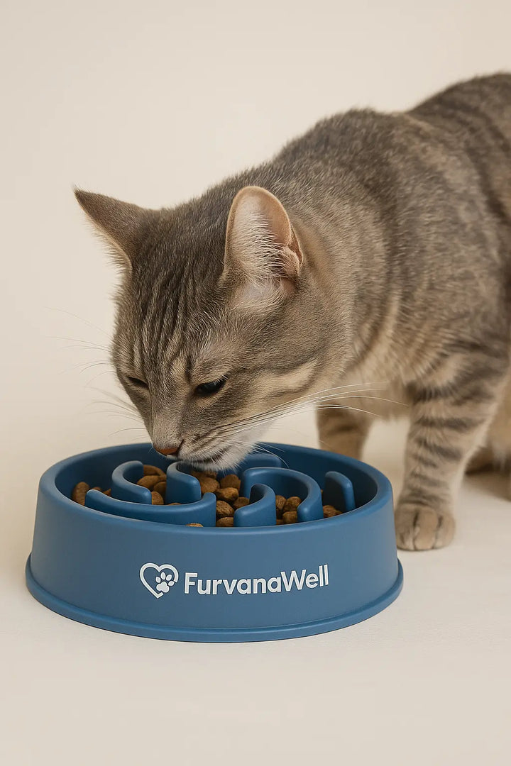 "Dog eating from slow-feeder bowl with raised ridges"
"Non-slip slow-feeder bowl preventing fast eating"
"Durable pet feeding bowl with maze design"