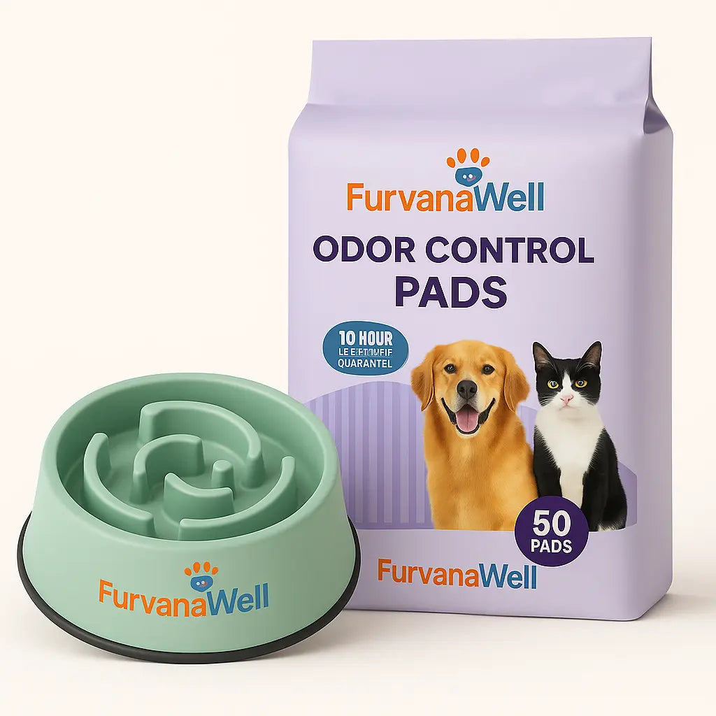 Complete pet wellness starter bundle with feeding and training essentials"
"Pet care bundle including slow-feeder bowl and training pads"
"Essential pet supplies bundle for new pet owners"
"FurvanaWell starter kit with feeding bowl and absorbent pads"
"Pet wellness bundle featuring training pads and feeding accessories"
"Complete pet care starter set for dogs and puppies"
"Essential pet bundle with odor-control pads and feeding bowl"
"New pet owner starter bundle with training and feeding supplies"