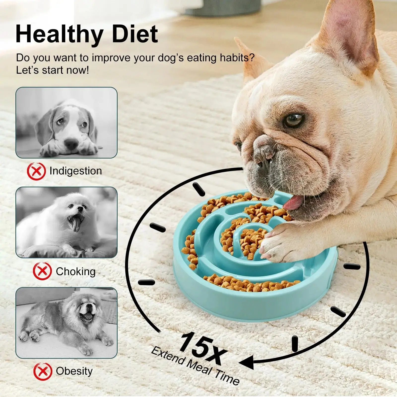 "Dog eating from slow-feeder bowl with raised ridges"
"Non-slip slow-feeder bowl preventing fast eating"
"Durable pet feeding bowl with maze design"