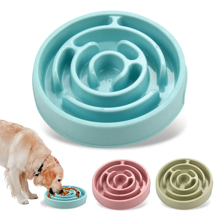 "Dog eating from slow-feeder bowl with raised ridges"
"Non-slip slow-feeder bowl preventing fast eating"
"Durable pet feeding bowl with maze design"
